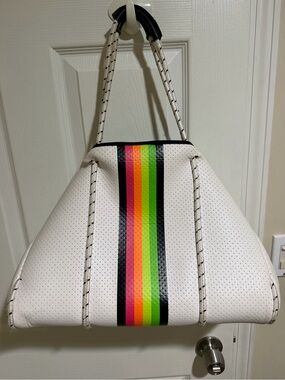 Haute Shore White Perforated Tote with Neon Rainbow Stripe